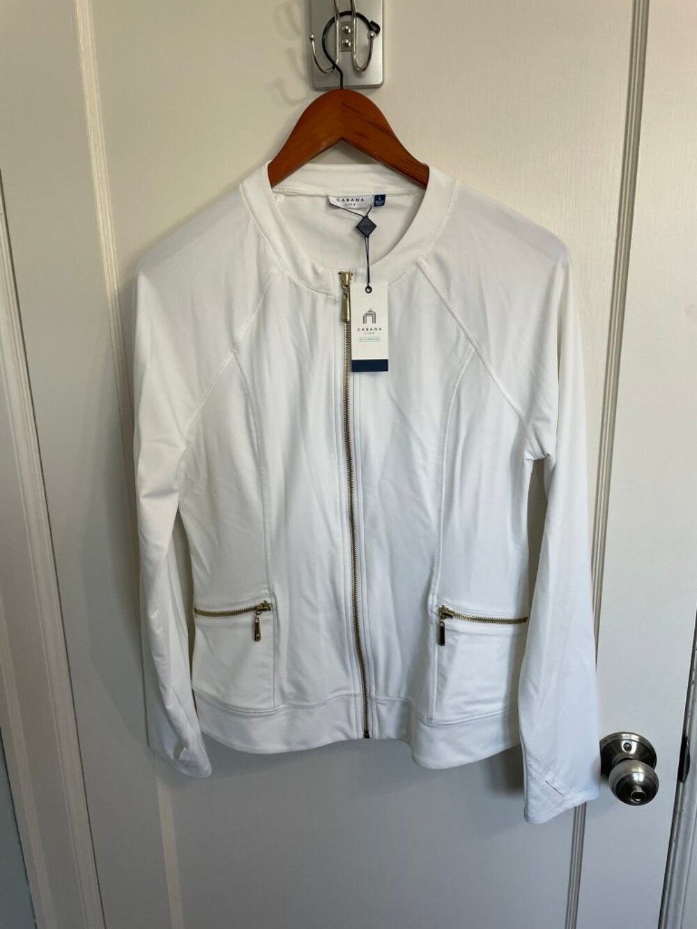NWT* Cabana Life White Athletic Jacket UPF 50+ Full Zip Gold Hardware Size L